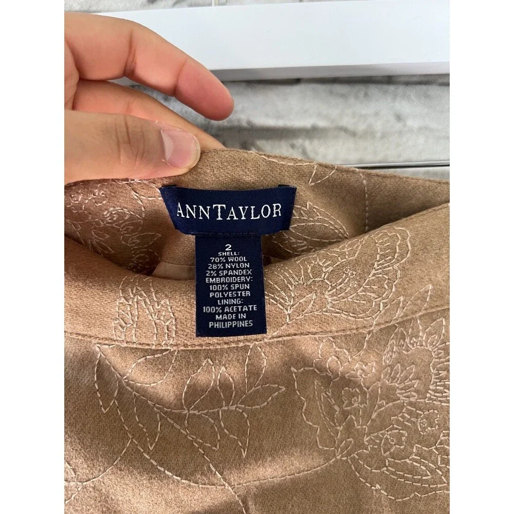 Ann Taylor Skirt Womens 2 Tan Embroidered Wool Blend Lined Mid Length Side Zip